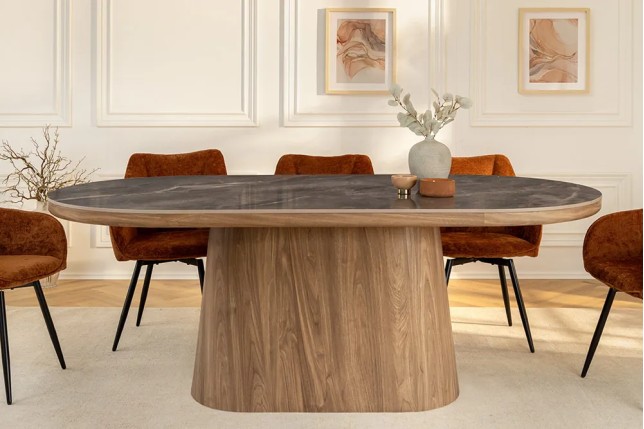 Table ovale en céramique grise 200 cm – Design marbre & pied colonne en noyer