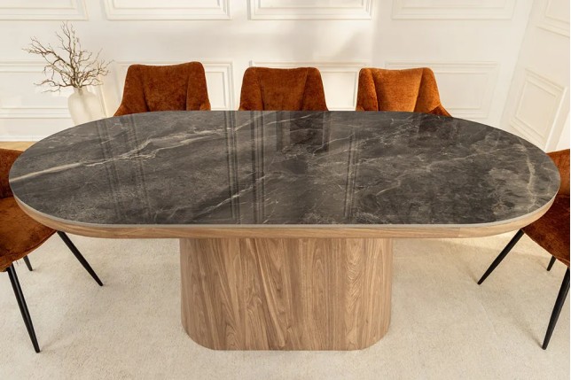 Table ovale en céramique grise 200 cm – Design marbre & pied colonne en noyer