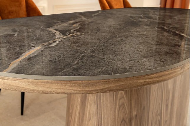 Table ovale en céramique grise 200 cm – Design marbre & pied colonne en noyer