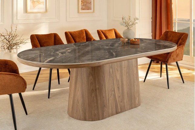 Table ovale en céramique grise 200 cm – Design marbre & pied colonne en noyer