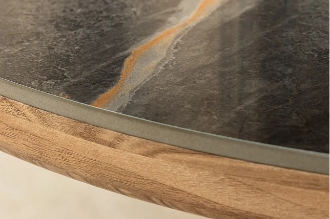 Table ovale en céramique grise 200 cm – Design marbre & pied colonne en noyer