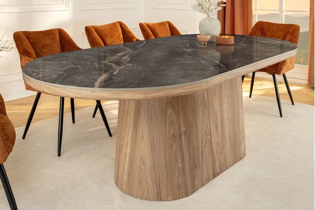 Table ovale en céramique grise 200 cm – Design marbre & pied colonne en noyer