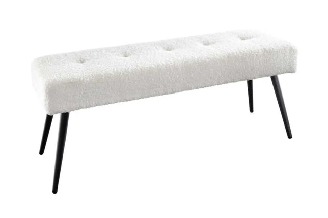 Banquette design BOUTIQUE 100 cm – Assise en bouclé blanc et pieds en métal noir réglables