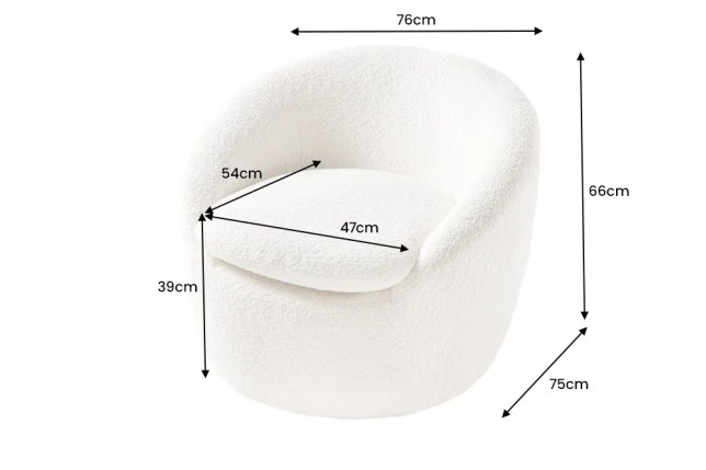 Fauteuil design ALPINE blanc – Fauteuil pivotant 360° en tissu bouclé avec accoudoirs