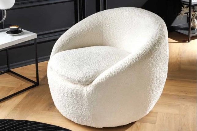Fauteuil design ALPINE blanc – Fauteuil pivotant 360° en tissu bouclé avec accoudoirs