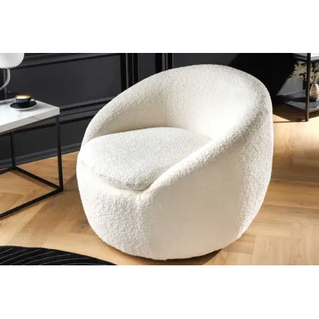 Fauteuil design ALPINE blanc – Fauteuil pivotant 360° en tissu bouclé avec accoudoirs