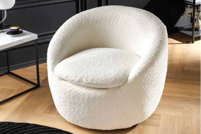 Fauteuil design ALPINE blanc – Fauteuil pivotant 360° en tissu bouclé avec accoudoirs