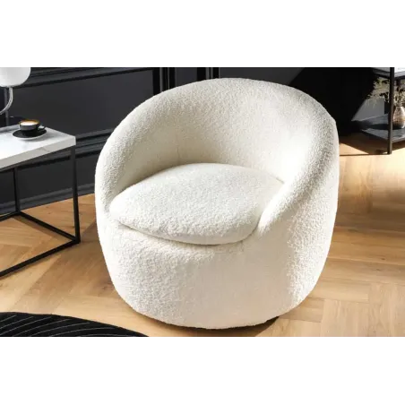 Fauteuil design ALPINE blanc – Fauteuil pivotant 360° en tissu bouclé avec accoudoirs
