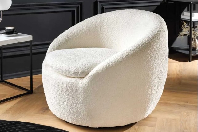 Fauteuil design ALPINE blanc – Fauteuil pivotant 360° en tissu bouclé avec accoudoirs