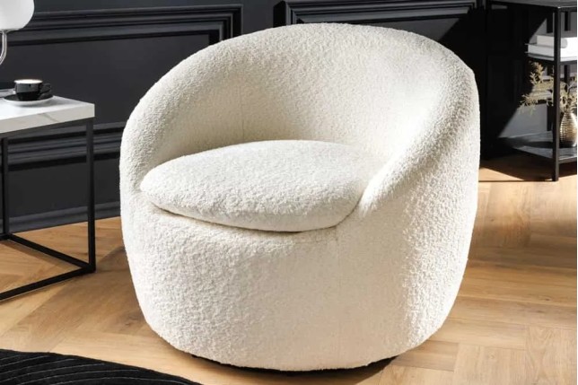 Fauteuil design ALPINE blanc – Fauteuil pivotant 360° en tissu bouclé avec accoudoirs