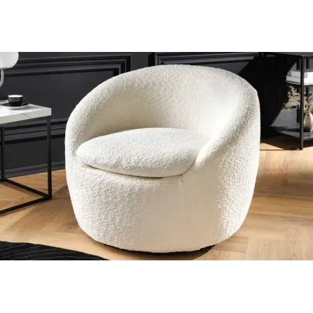 Fauteuil design ALPINE blanc – Fauteuil pivotant 360° en tissu bouclé avec accoudoirs