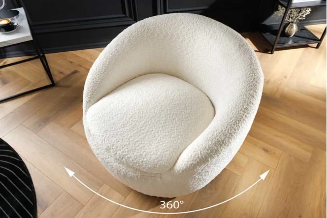 Fauteuil design ALPINE blanc – Fauteuil pivotant 360° en tissu bouclé avec accoudoirs