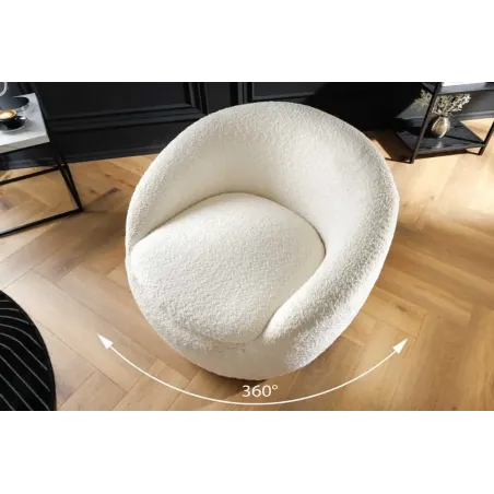 Fauteuil design ALPINE blanc – Fauteuil pivotant 360° en tissu bouclé avec accoudoirs
