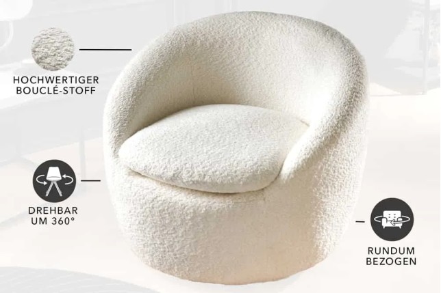 Fauteuil design ALPINE blanc – Fauteuil pivotant 360° en tissu bouclé avec accoudoirs