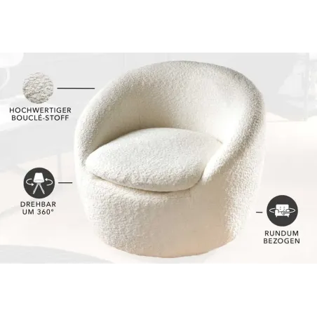 Fauteuil design ALPINE blanc – Fauteuil pivotant 360° en tissu bouclé avec accoudoirs