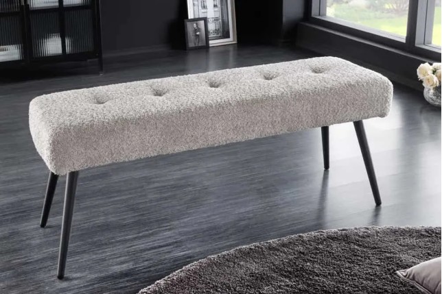 Banquette BOUTIQUE 100 cm – Tissu bouclé champagner greige avec pieds en métal noir réglables