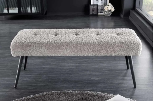 Banquette BOUTIQUE 100 cm – Tissu bouclé champagner greige avec pieds en métal noir réglables
