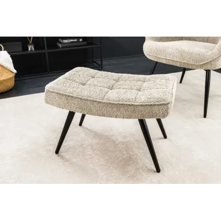 Repose-pieds moderne scandinave – Tissu bouclé champagner greige avec pieds en métal noir