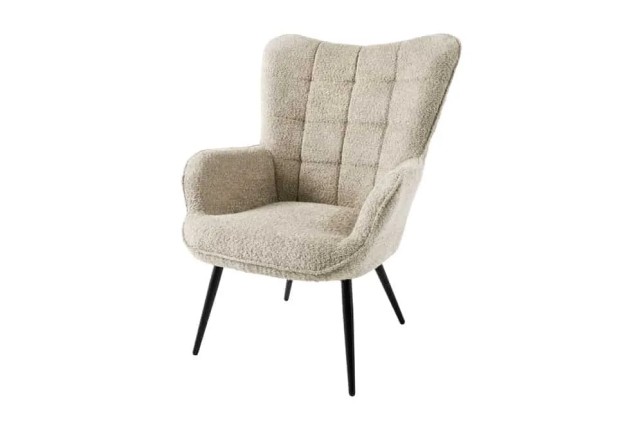 Fauteuil design scandinave – Tissu bouclé champagner greige avec accoudoirs et pieds en métal noir