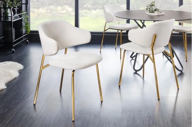 Chaise design VOGUE – Tissu bouclé blanc avec structure en métal doré | Élégance & confort