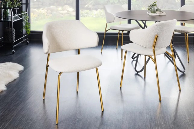 Chaise design VOGUE – Tissu bouclé blanc avec structure en métal doré | Élégance & confort