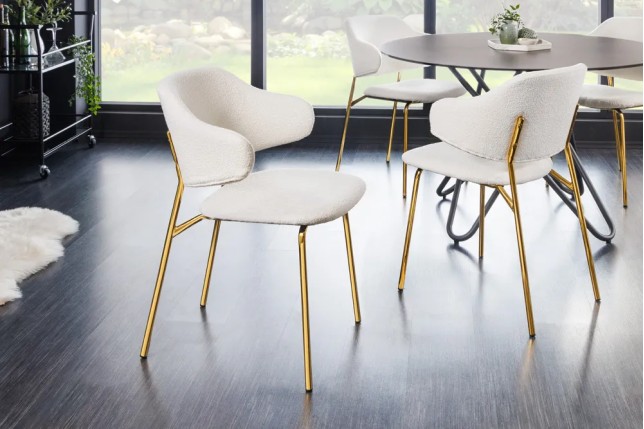 Chaise design VOGUE – Tissu bouclé blanc avec structure en métal doré | Élégance & confort