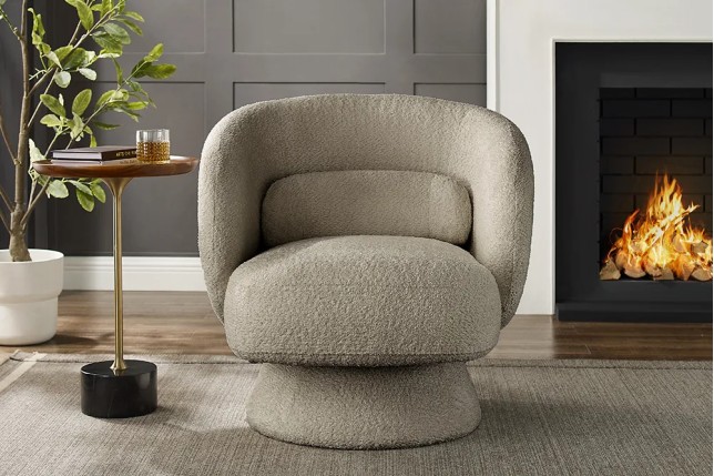 Fauteuil design pivotant BOSSA NOVA – Tissu bouclé taupe | Élégance & confort 360°