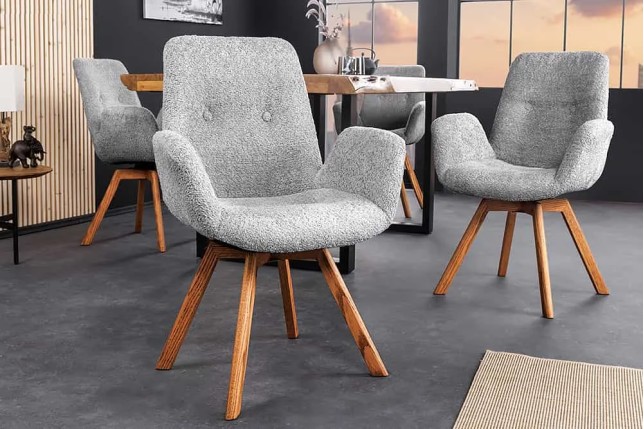 Chaise design BALTIC pivotante – Bouclé gris, pieds en chêne naturel | Élégance scandinave & confort 360°