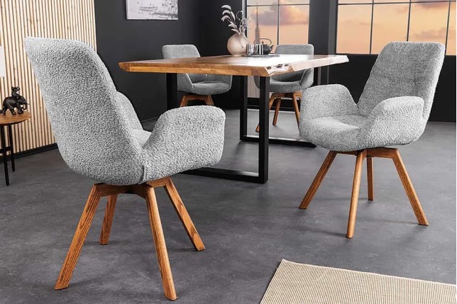 Chaise design BALTIC pivotante – Bouclé gris, pieds en chêne naturel | Élégance scandinave & confort 360°