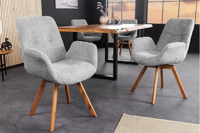 Chaise design BALTIC pivotante – Bouclé gris, pieds en chêne naturel | Élégance scandinave & confort 360°