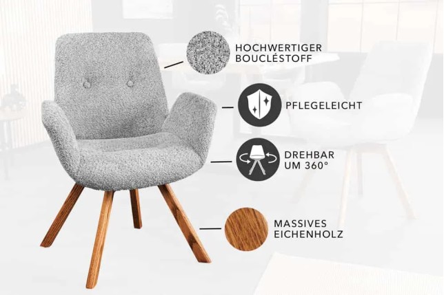 Chaise design BALTIC pivotante – Bouclé gris, pieds en chêne naturel | Élégance scandinave & confort 360°