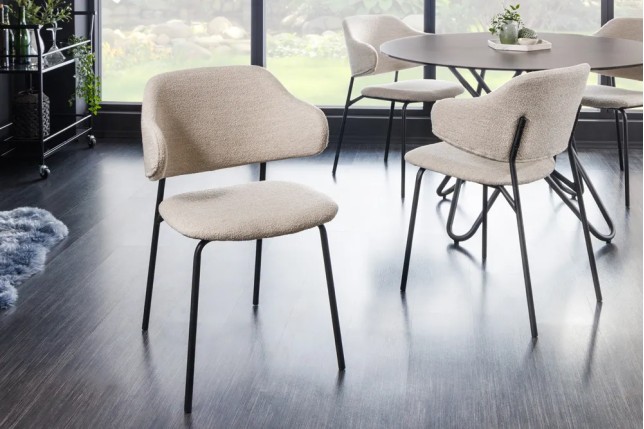 Chaise design VOGUE – Bouclé greige & pieds en métal noir mat | Élégance contemporaine et confort