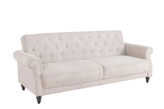 Canapé 3 places MAISON BELLE AFFAIRE – Style Chesterfield en bouclé greige, avec fonction lit et dossier inclinable