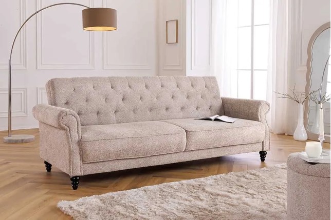 Canapé 3 places MAISON BELLE AFFAIRE – Style Chesterfield en bouclé greige, avec fonction lit et dossier inclinable