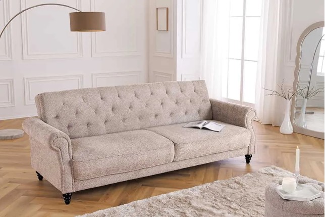 Canapé 3 places MAISON BELLE AFFAIRE – Style Chesterfield en bouclé greige, avec fonction lit et dossier inclinable