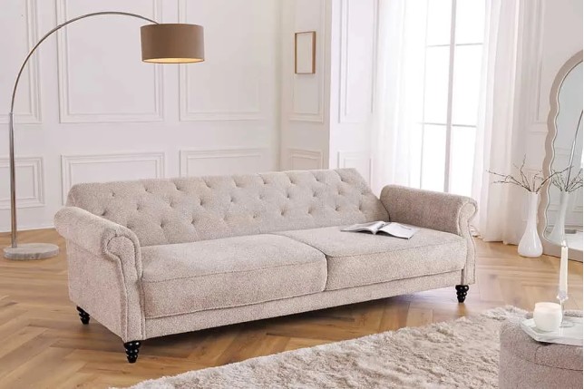 Canapé 3 places MAISON BELLE AFFAIRE – Style Chesterfield en bouclé greige, avec fonction lit et dossier inclinable