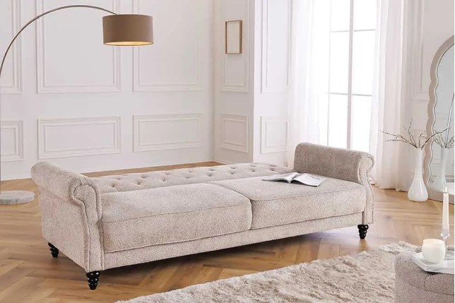 Canapé 3 places MAISON BELLE AFFAIRE – Style Chesterfield en bouclé greige, avec fonction lit et dossier inclinable