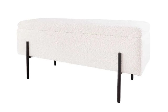 Banquette coffre moderne LOFT – 100 cm – Tissu bouclé blanc & structure métal noir | Assise confortable avec rangement intégré