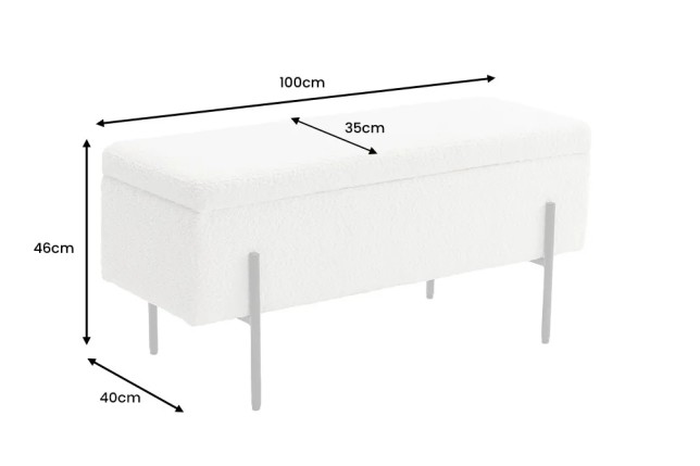 Banquette coffre moderne LOFT – 100 cm – Tissu bouclé blanc & structure métal noir | Assise confortable avec rangement intégré