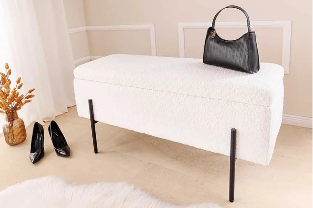 Banquette coffre moderne LOFT – 100 cm – Tissu bouclé blanc & structure métal noir | Assise confortable avec rangement intégré