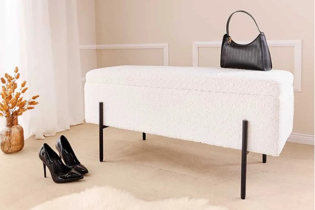 Banquette coffre moderne LOFT – 100 cm – Tissu bouclé blanc & structure métal noir | Assise confortable avec rangement intégré