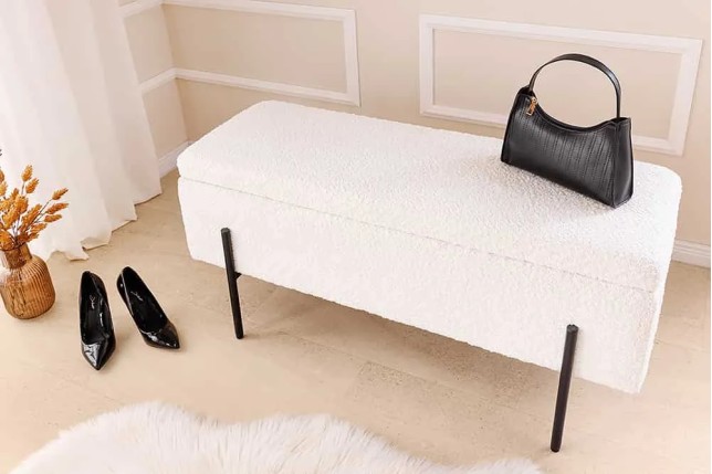 Banquette coffre moderne LOFT – 100 cm – Tissu bouclé blanc & structure métal noir | Assise confortable avec rangement intégré