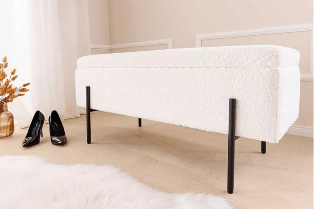 Banquette coffre moderne LOFT – 100 cm – Tissu bouclé blanc & structure métal noir | Assise confortable avec rangement intégré