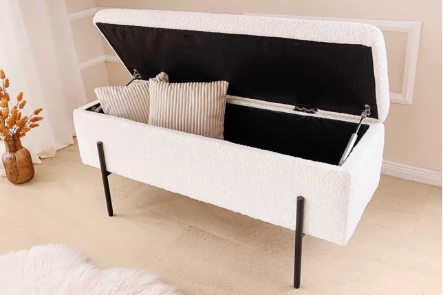 Banquette coffre moderne LOFT – 100 cm – Tissu bouclé blanc & structure métal noir | Assise confortable avec rangement intégré