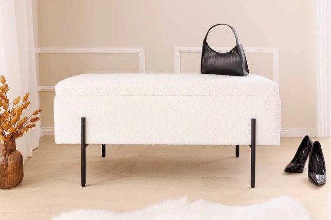 Banquette coffre moderne LOFT – 100 cm – Tissu bouclé blanc & structure métal noir | Assise confortable avec rangement intégré