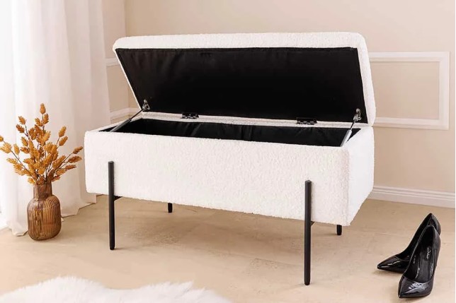 Banquette coffre moderne LOFT – 100 cm – Tissu bouclé blanc & structure métal noir | Assise confortable avec rangement intégré