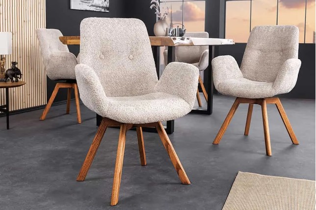 Chaise design BALTIC pivotante – Tissu bouclé beige & pieds en chêne naturel | Élégance nordique & confort moderne
