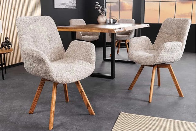 Chaise design BALTIC pivotante – Tissu bouclé beige & pieds en chêne naturel | Élégance nordique & confort moderne