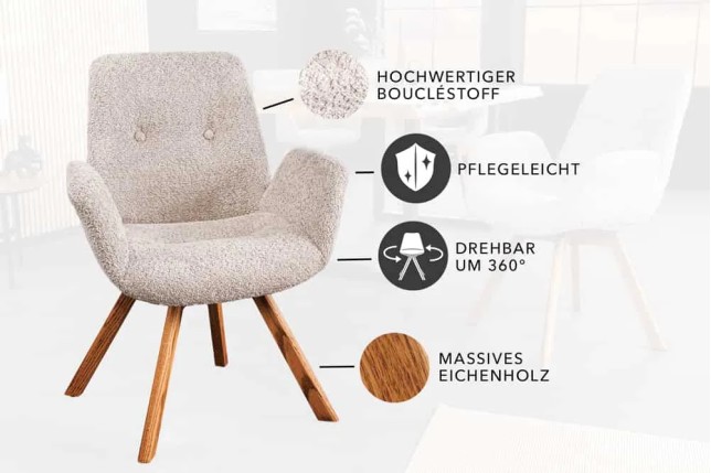 Chaise design BALTIC pivotante – Tissu bouclé beige & pieds en chêne naturel | Élégance nordique & confort moderne