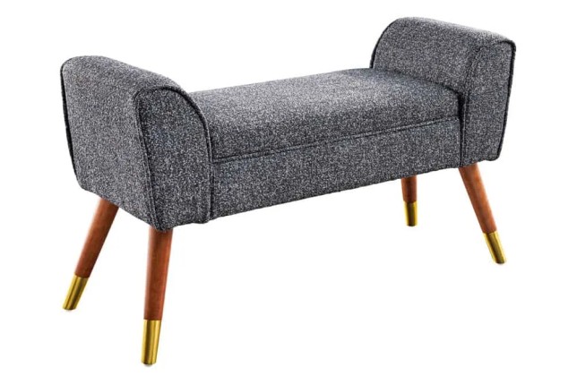 Banquette rétro SCARLETT – 90 cm – Tissu bouclé anthracite avec accoudoirs | Pieds bois & métal doré